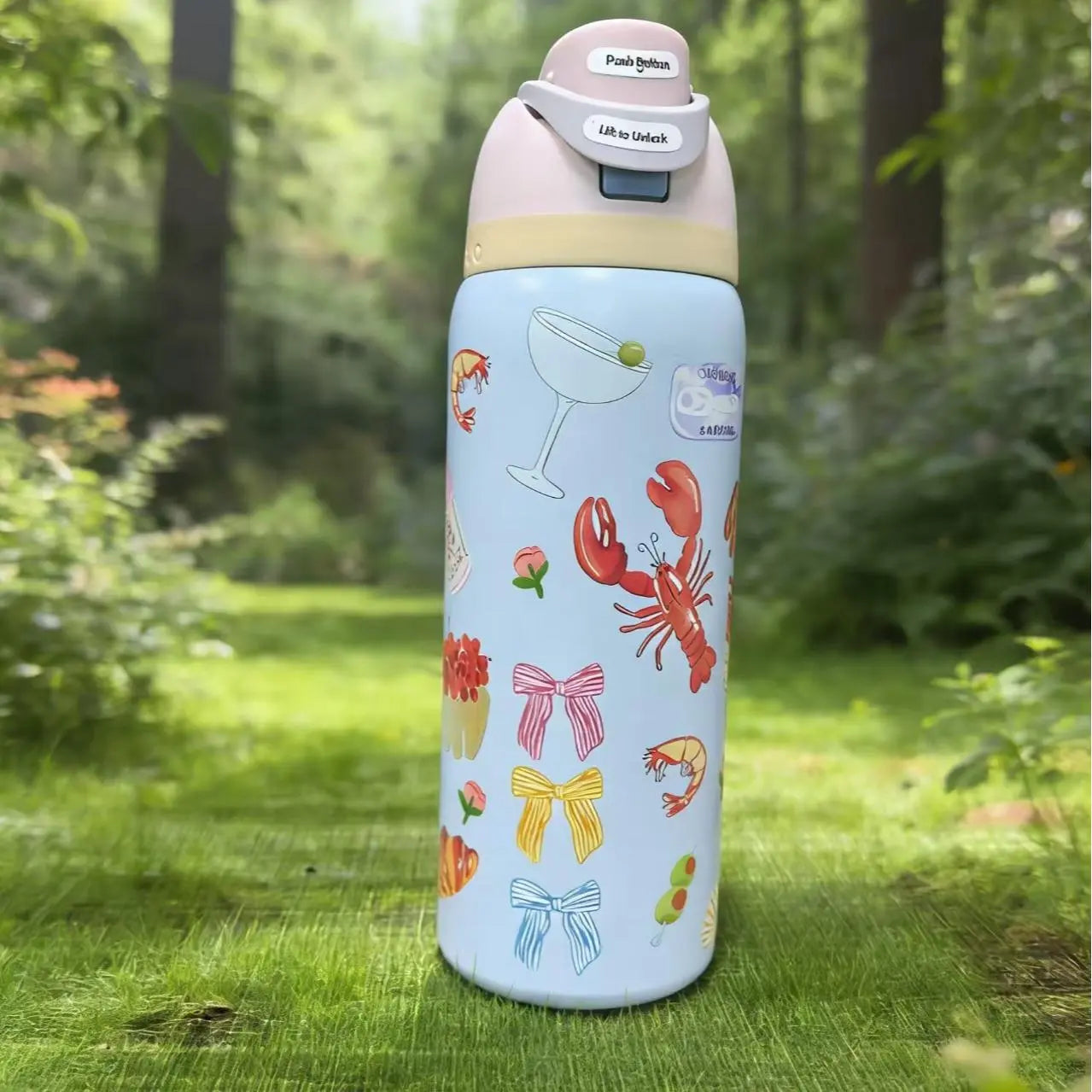 Owala 32Oz Rosé & Croissant Print - Cutest Picnic Inspired Design for Beach Days & Brunch Runs - Keeps Icy Cold All Day - Fashion Accessory Travel Drinkware Beverage Coffee Floral Pure Copper Water Bottle with Bag Glass Juice Lids and Straws Duck Can