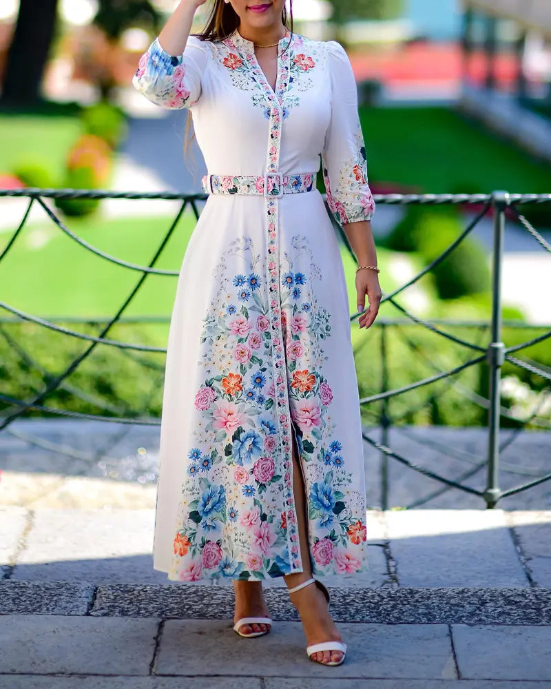 Chicme Women'S Floral Print V Neck Three Quarters Tied Detail Blouse Dress Casual a Line Slim Fit Maxi Dress/Summer Dress for Wedding Guest
