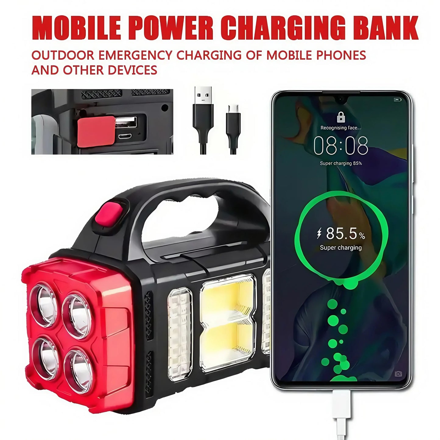 Portable Bright Solar Camping Flashlight - LED Torch with Power Bank, Long-Lasting Battery for Hiking, Outdoor Adventures Multifunctional Searchlight