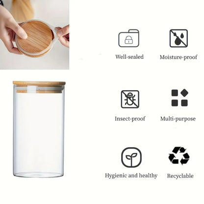 Glass Storage Jar with Wooden Lid, 1/2/3/4 Counts Clear Container, Food Storage Box for Spice, Tea, Coffee, Spice, Candy, Cookie, Glass Kitchen Canisters, Home Organization Containers