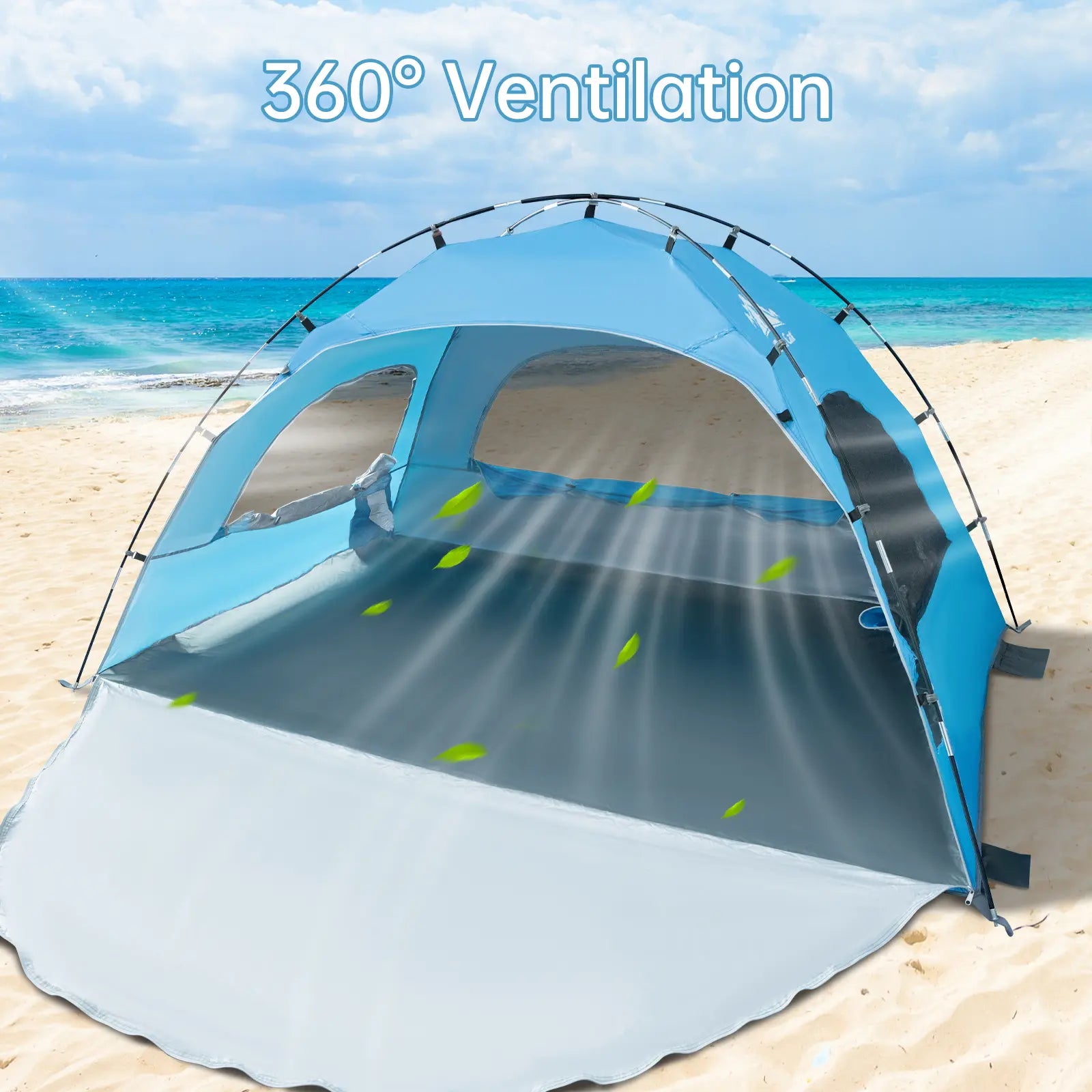Night Cat Beach Tent - Windproof Portable Tent, 2-4 Person Camping Sun Shade Shelter with UPF 50+ UV Protection, 3 Mesh Windows, Breathable Panels, Extended Floor, Compact Pack, Roomy Fit, Easy Setup for Outdoor Summer Use