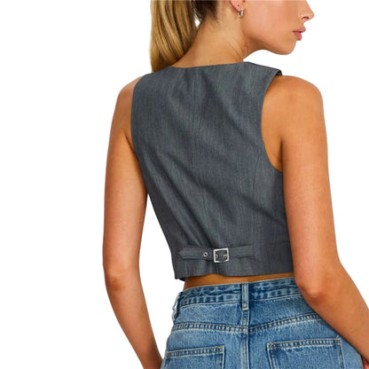 Waistcoat Vest Women Y2K Clothes Solid Color Slim Fit V Neck Sleeveless Button down Crop Tops Elegant Outwear Gilet