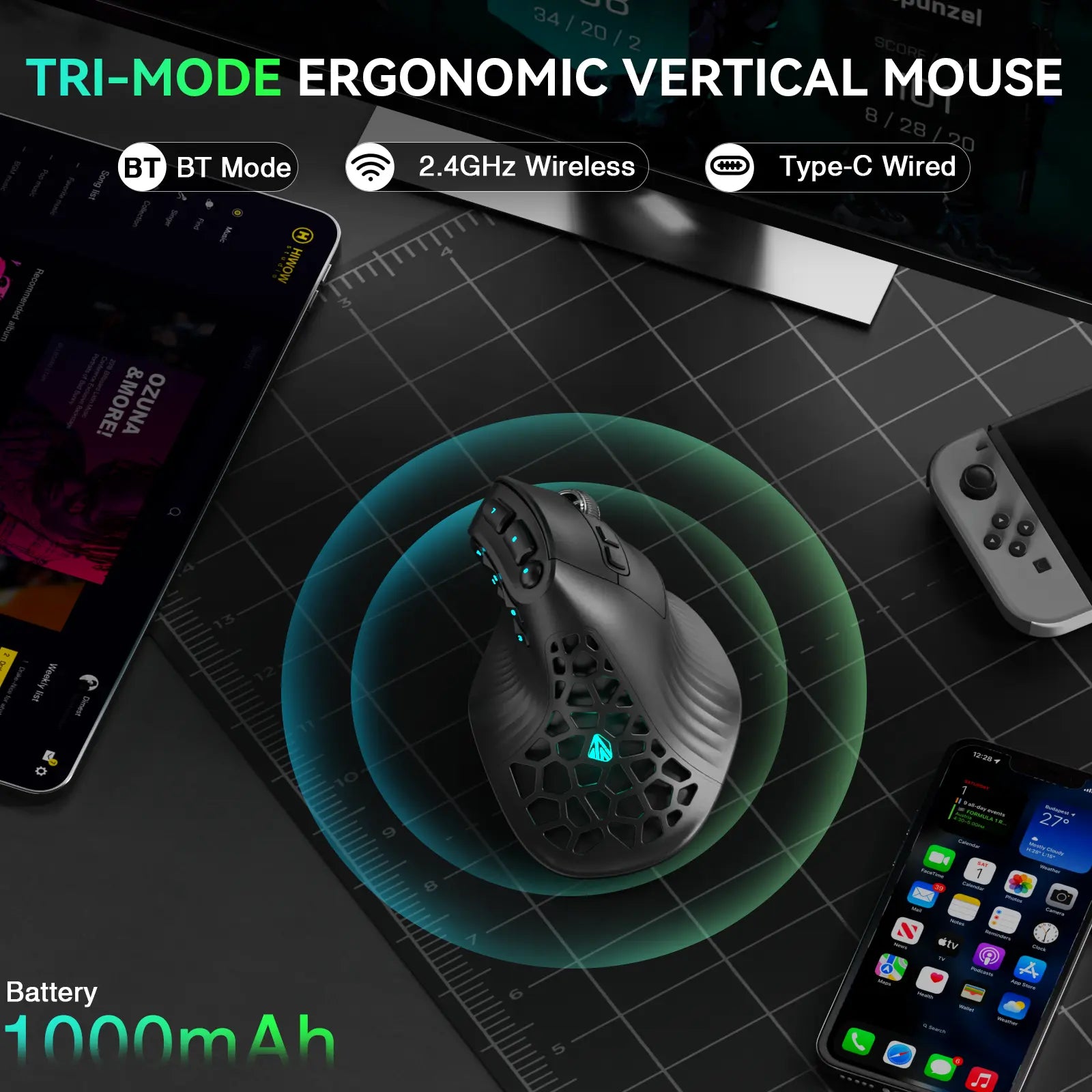 SOLAKAKA E9 Ergonomic Vertical MMO Gaming Mouse PAW3311 248000 DPI Tri-Mode Ergonomic Wireless with 10 Side Buttons PAW3311 RGB for PC Mac Ergonomic Budget Bluetooth Vertical Mouse Home Office Desk Accessory