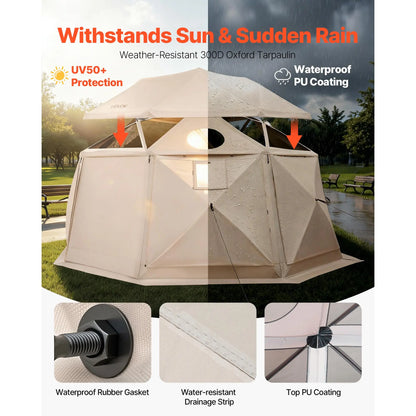 【Fathersdaygift】Vevor Pop up Gazebo Screen Tent, 15 X 15 Ft, 13-Sided Spherical Camping Canopy Tent with Removable Top & Carry Bag, Quick-Set & Bite-Proof, Screen House Sun Shelter for 12-15 Persons, Beige