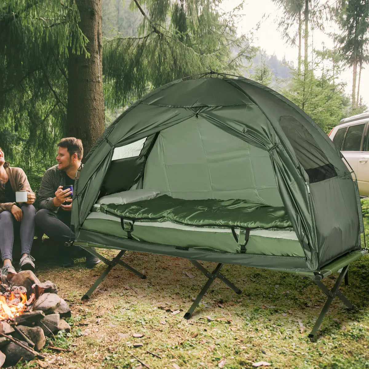 Outsunny Multifunctional Folding Camping Cots for Adults, Elevated Tent with Sleeping Bag, Thick Air Mattress Pad, Portable Single Sleeping Cot Camping Bed On-Site