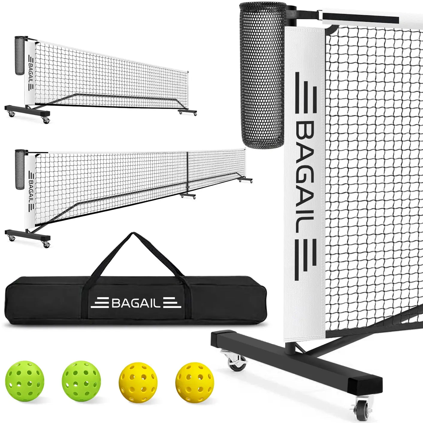 【Summervibes】Bagail Portable Pickleball Net Set with Wheels, 22 FT Regulation Size & 11 FT Half Court Size 2-In-1 Pickle Ball Net with Ball Collector, Carry Bag, 4 Pickle Balls, Easy Setup for Outdoor Indoor Tennis Men Game Racket Protector Outdoorfu