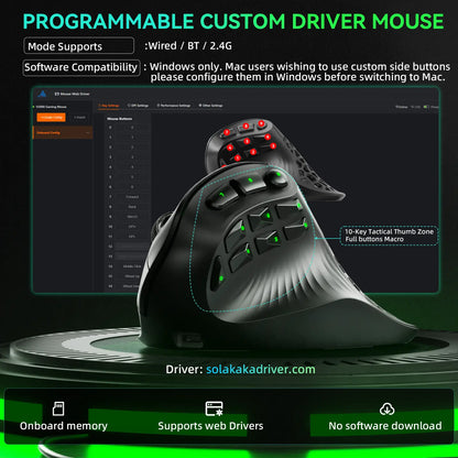 SOLAKAKA E9 Ergonomic Vertical MMO Gaming Mouse PAW3311 248000 DPI Tri-Mode Ergonomic Wireless with 10 Side Buttons PAW3311 RGB for PC Mac Ergonomic Budget Bluetooth Vertical Mouse Home Office Desk Accessory
