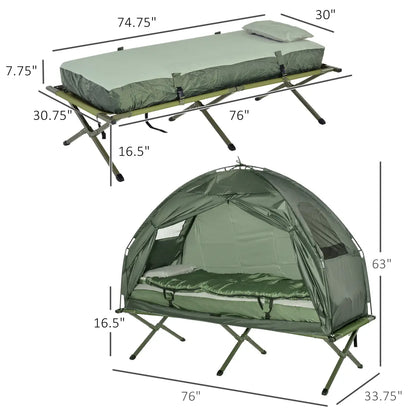 Outsunny Multifunctional Folding Camping Cots for Adults, Elevated Tent with Sleeping Bag, Thick Air Mattress Pad, Portable Single Sleeping Cot Camping Bed On-Site