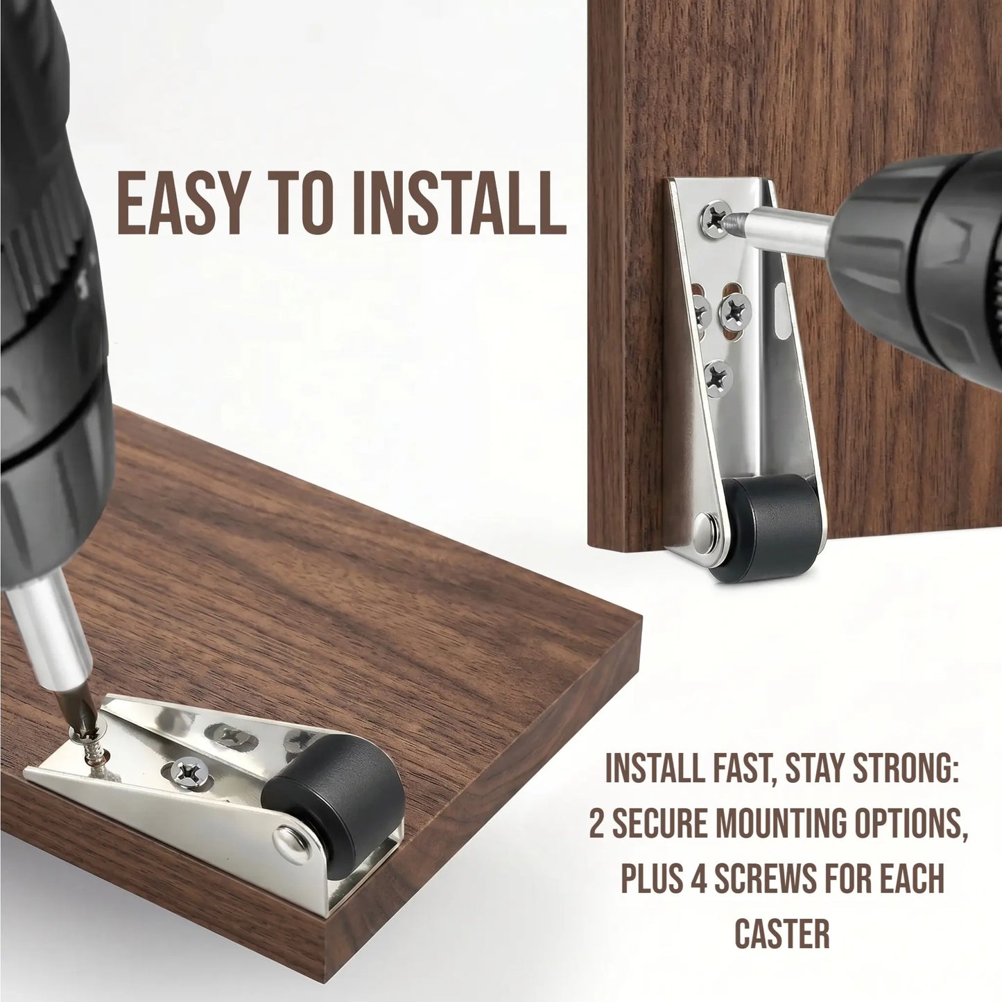 2 Pcs Multifunctional 0.9" Low Profile Fixed Casters, Small Wheels for Wooden Furniture & Bedroom Door Sinking Fix