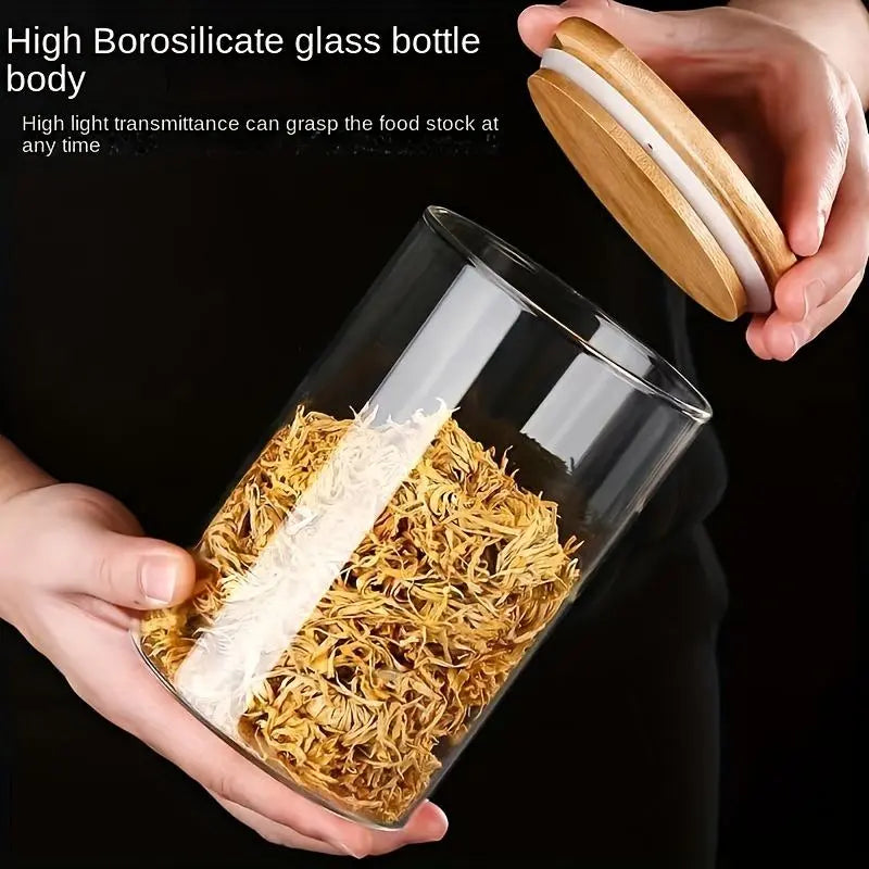 Glass Storage Jar with Wooden Lid, 1/2/3/4 Counts Clear Container, Food Storage Box for Spice, Tea, Coffee, Spice, Candy, Cookie, Glass Kitchen Canisters, Home Organization Containers