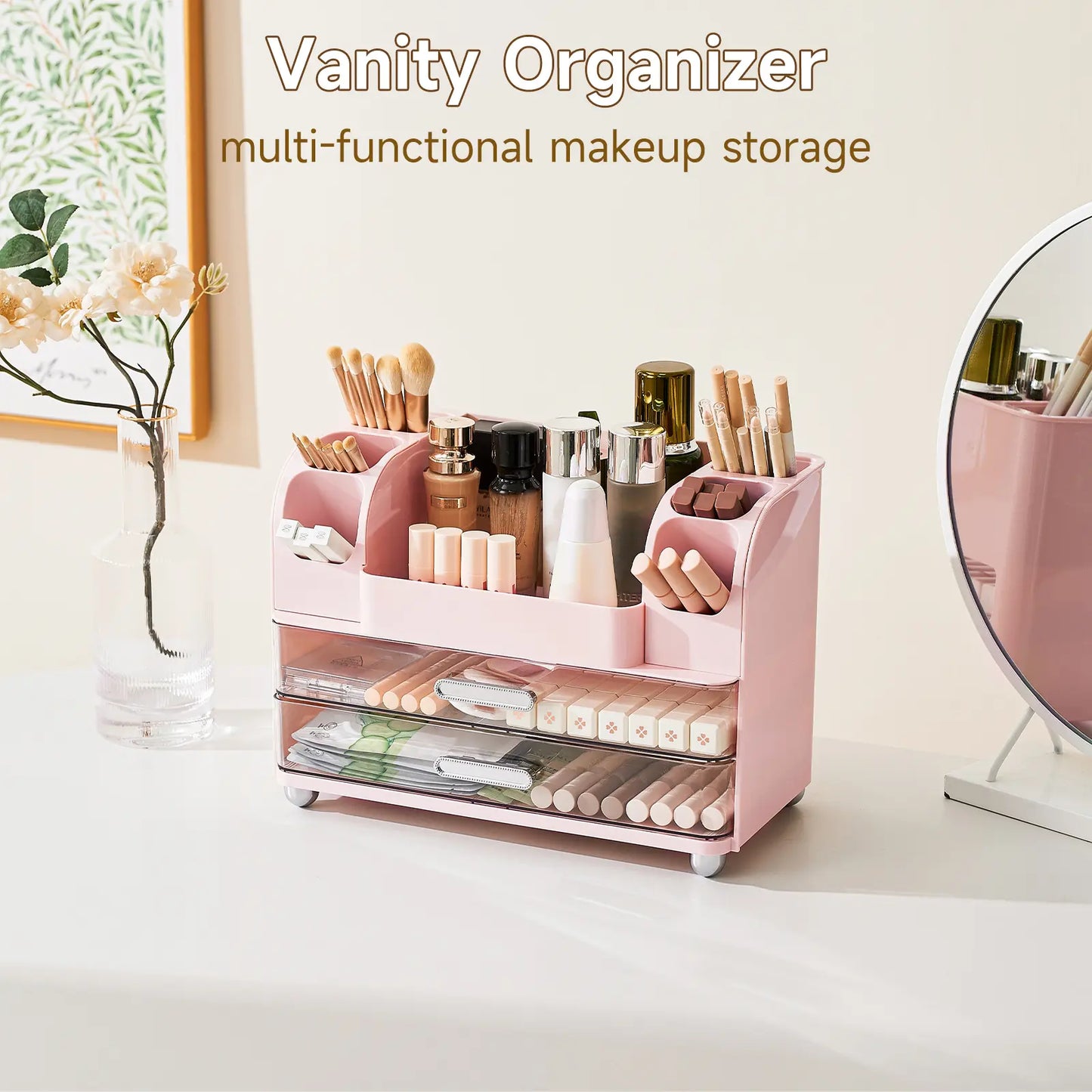 Makeup Organizer for Vanity with 2 Large Drawers, Cosmetic Display Case with Brush Holders, Easy to Storage for Bathroom Countertop Skincare, Desk Office Supplies