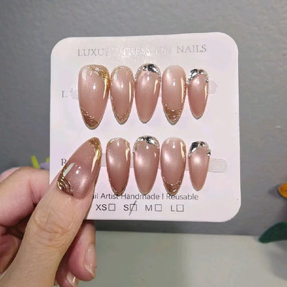 Handmade Nude Pink Cat Eye Press on Nails with Gold Foil & Crystal Accents, Medium Almond Reusable Fake Nails for Luxury Minimalist Elegant Wear