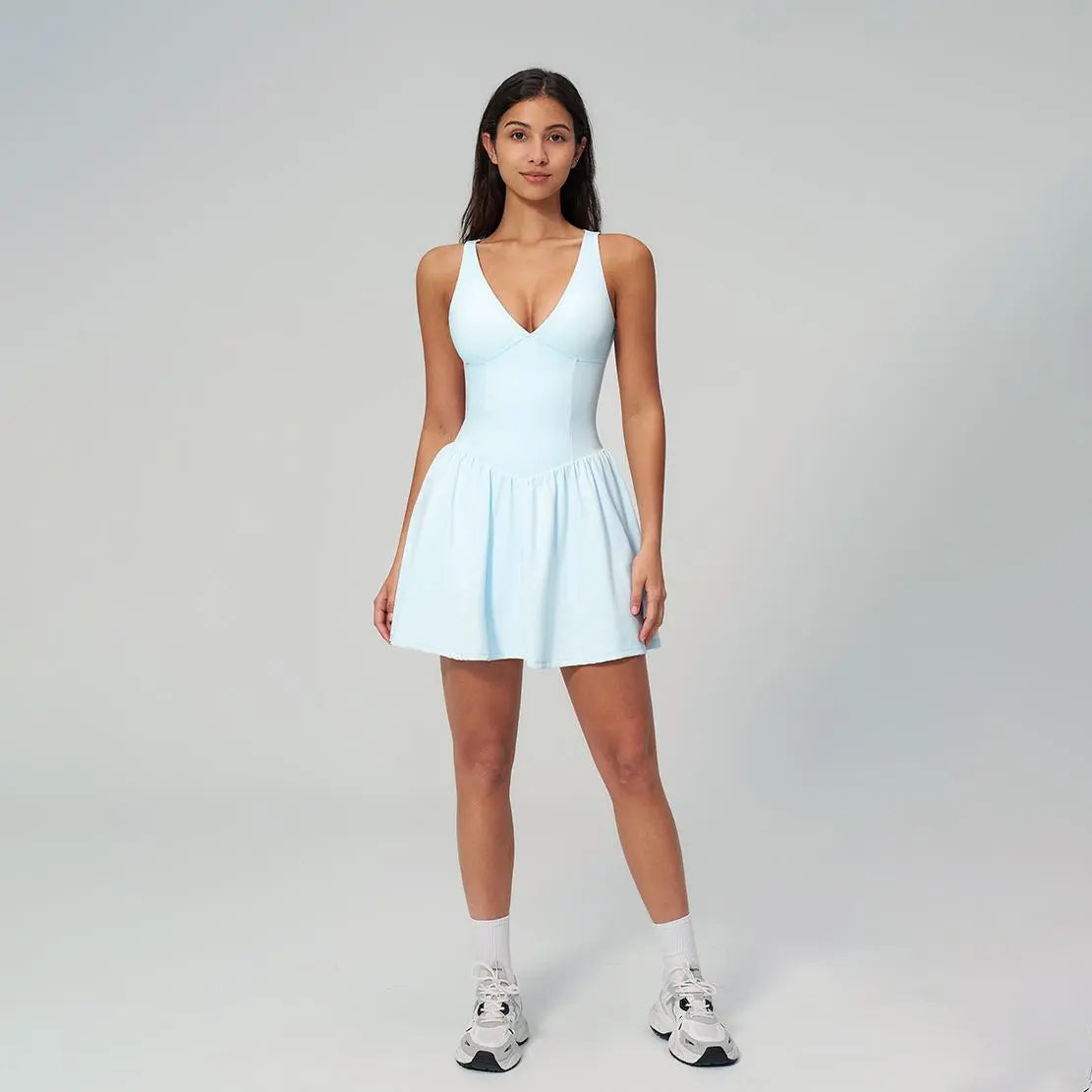 NVWA Women'S Summervibes Sexy V-Neck Strappy Sleeveless Athletic Cut Dress - Fitted Waist, Open-Back, Soft Stretch Nylon Fabric, Cooling Quick-Drying, Figure-Flattering for Casual Wear, Workouts, Dresses,Summerwins