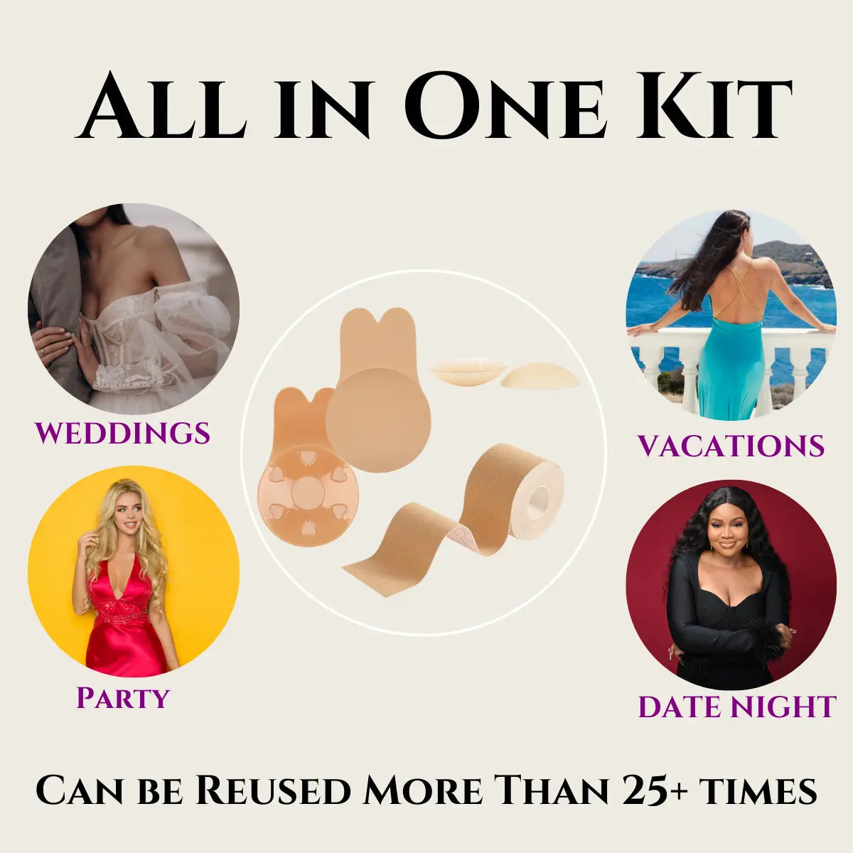 Divine Lift Kit - REUSABLE Sticky Bunny Bra with Boobtape and Reusable Silicone Nipple Covers - Breasts Coverage A-G Cup - Ultimate Breast Lift Set - Portable Travel Bag Womenswear Seamless Women Outfit Enhancer Invisible Push-Up Skin Waterproof