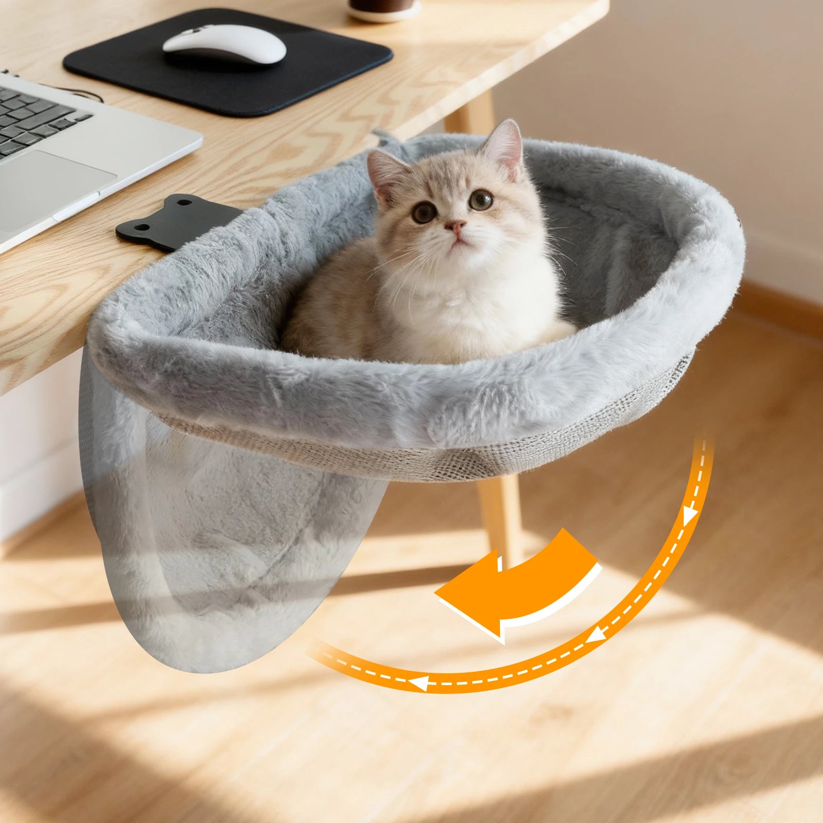 Cat Desk Bed One-Click Folding Sunken Design Space-Saving Semi-Circular Cat Desk Hammock Perch for Home Office Indoor Cats