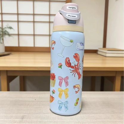 Owala 32Oz Rosé & Croissant Print - Cutest Picnic Inspired Design for Beach Days & Brunch Runs - Keeps Icy Cold All Day - Fashion Accessory Travel Drinkware Beverage Coffee Floral Pure Copper Water Bottle with Bag Glass Juice Lids and Straws Duck Can