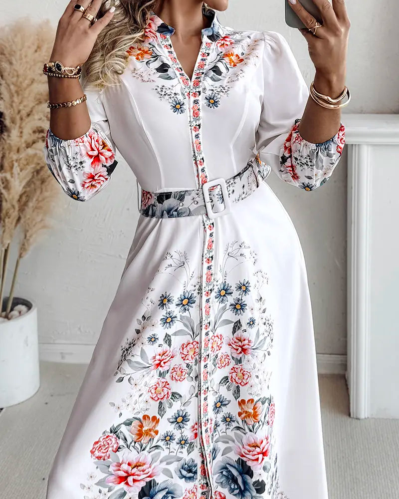 Chicme Women'S Floral Print V Neck Three Quarters Tied Detail Blouse Dress Casual a Line Slim Fit Maxi Dress/Summer Dress for Wedding Guest