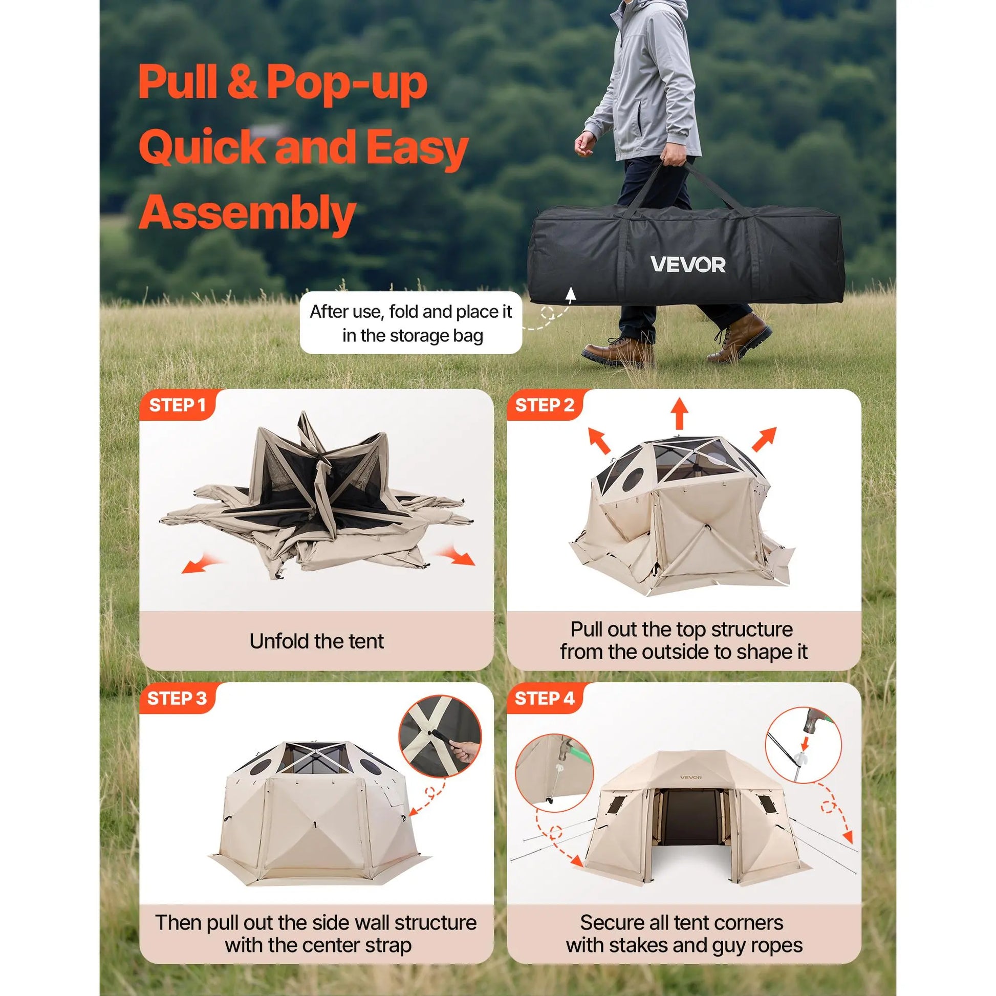 【Fathersdaygift】Vevor Pop up Gazebo Screen Tent, 15 X 15 Ft, 13-Sided Spherical Camping Canopy Tent with Removable Top & Carry Bag, Quick-Set & Bite-Proof, Screen House Sun Shelter for 12-15 Persons, Beige