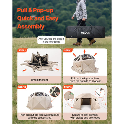 【Fathersdaygift】Vevor Pop up Gazebo Screen Tent, 15 X 15 Ft, 13-Sided Spherical Camping Canopy Tent with Removable Top & Carry Bag, Quick-Set & Bite-Proof, Screen House Sun Shelter for 12-15 Persons, Beige