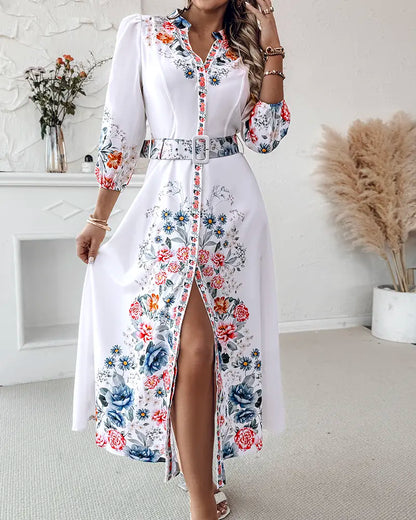 Chicme Women'S Floral Print V Neck Three Quarters Tied Detail Blouse Dress Casual a Line Slim Fit Maxi Dress/Summer Dress for Wedding Guest