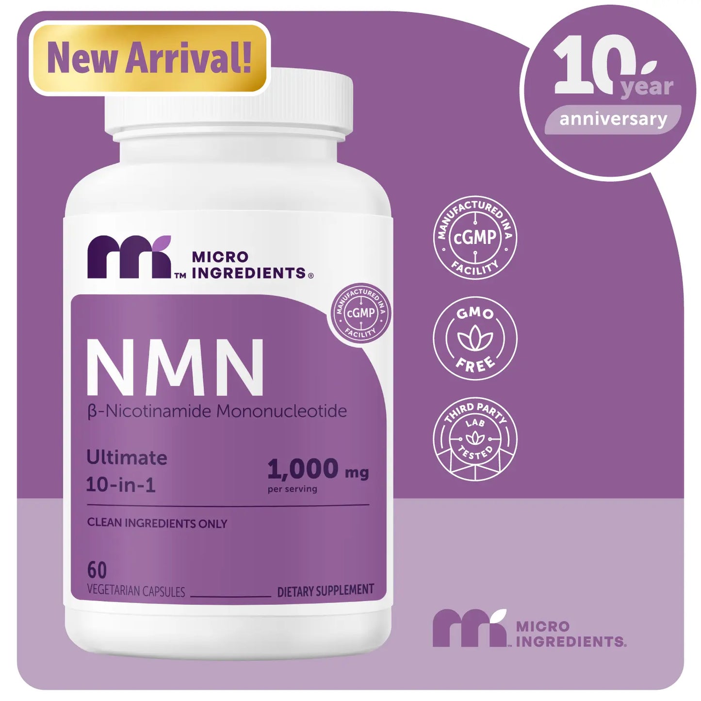 Micro Ingredients NMN Complex 1,000Mg per Serving, 10-1 Complex, Zero Filler, Pure NMN 500Mg with Vitamin C, Resveratrol, Coq10, TMG, Quercetin, & Glutathione | NAD+ Supplement Precursor