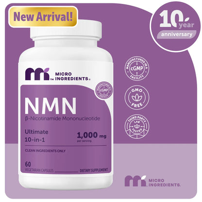 Micro Ingredients NMN Complex 1,000Mg per Serving, 10-1 Complex, Zero Filler, Pure NMN 500Mg with Vitamin C, Resveratrol, Coq10, TMG, Quercetin, & Glutathione | NAD+ Supplement Precursor