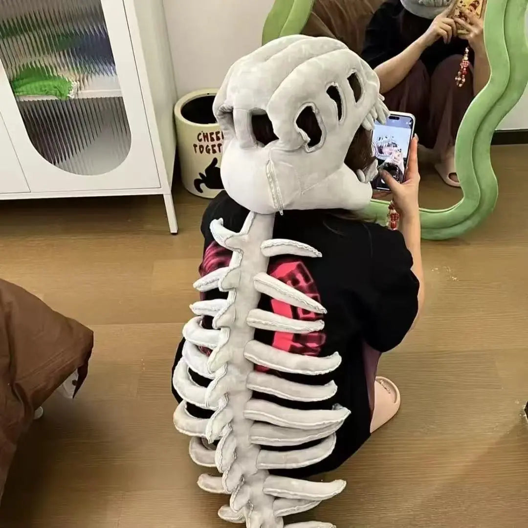 Dinosaur Skeleton Headband & Plush Cosplay Pillow – Halloween & Party Fun, Wearable Role-Playing Accessory, Photo Prop, Soft Decoration, Creative Gift for Kids, Families & Dino Fans