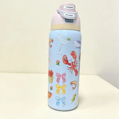 Owala 32Oz Rosé & Croissant Print - Cutest Picnic Inspired Design for Beach Days & Brunch Runs - Keeps Icy Cold All Day - Fashion Accessory Travel Drinkware Beverage Coffee Floral Pure Copper Water Bottle with Bag Glass Juice Lids and Straws Duck Can