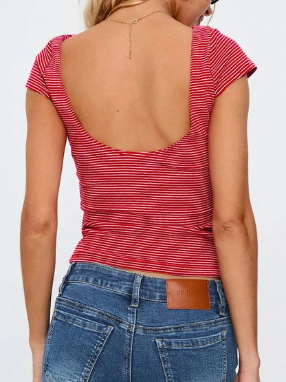 Striped Backless Short Sleeve Fitted T-Shirt Casual Chic Minimalist Summer Top Women'S Fashion Tee Womenswear