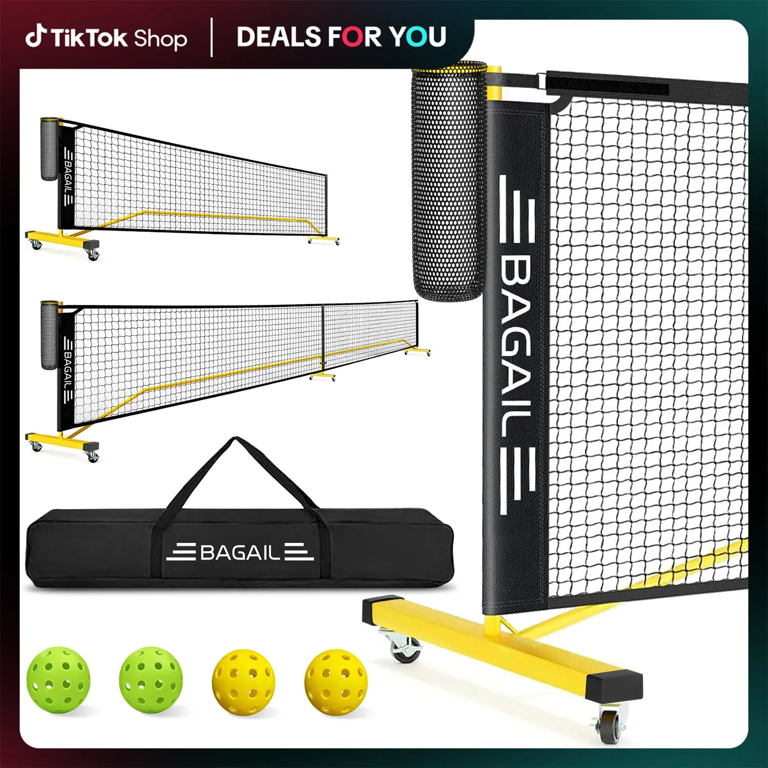 【Summervibes】Bagail Portable Pickleball Net Set with Wheels, 22 FT Regulation Size & 11 FT Half Court Size 2-In-1 Pickle Ball Net with Ball Collector, Carry Bag, 4 Pickle Balls, Easy Setup for Outdoor Indoor Tennis Men Game Racket Protector Outdoorfu