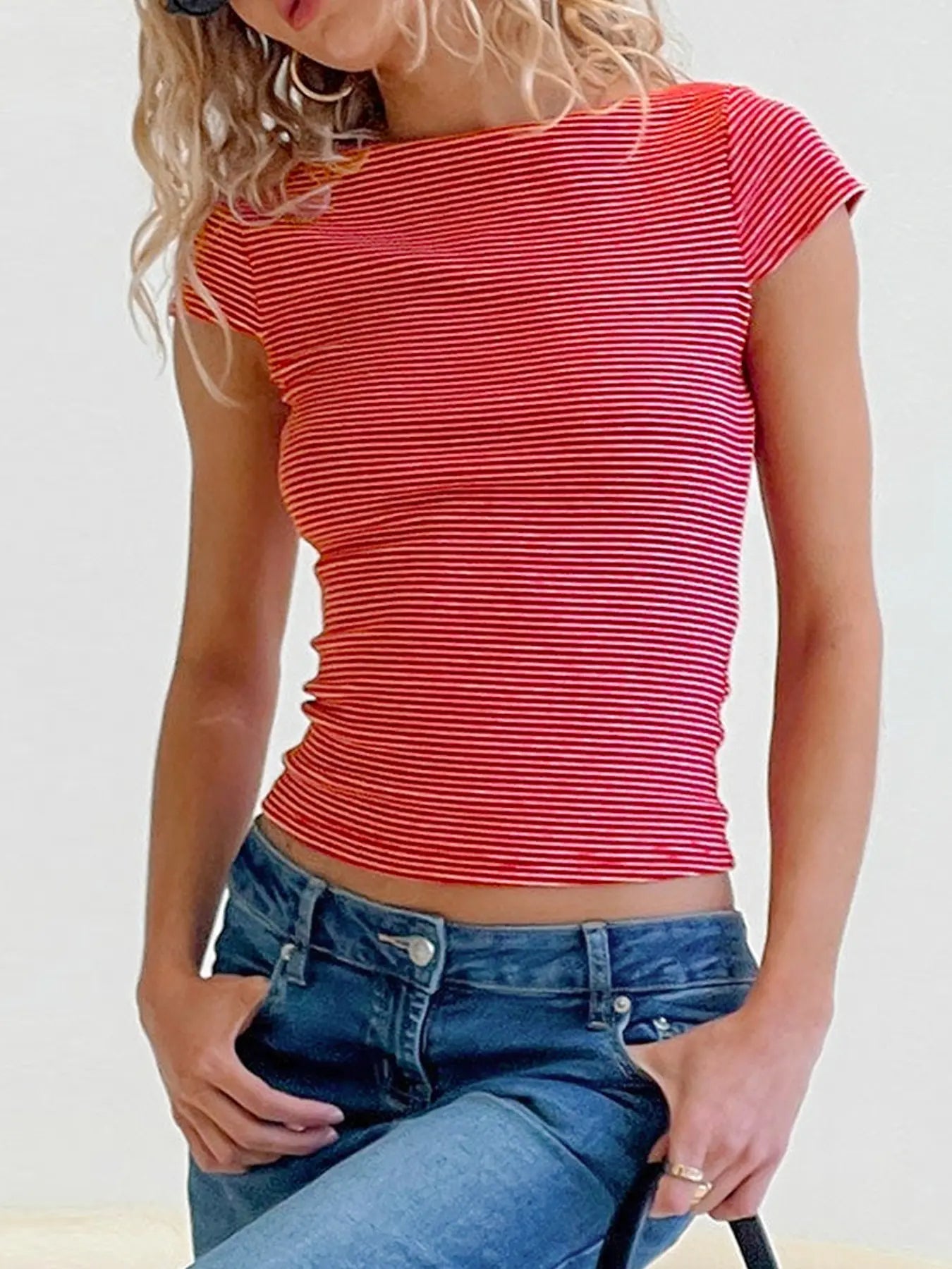 Striped Backless Short Sleeve Fitted T-Shirt Casual Chic Minimalist Summer Top Women'S Fashion Tee Womenswear