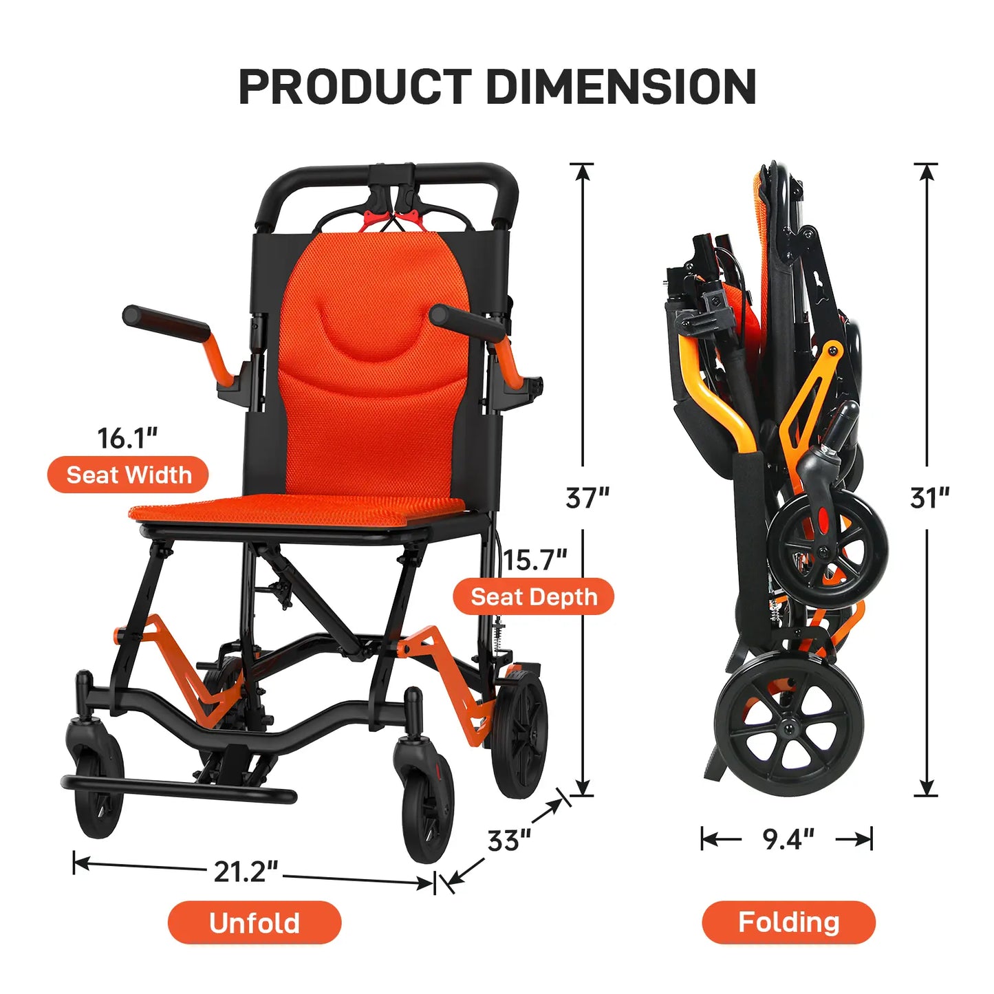 Lightweight Folding Transport Wheelchair for Adults & Seniors – 18 Lbs Aluminum Frame – Removable Turn over Armrests – Swing-Away Footrests – Locking Handbrake – 220 Lbs Capacity – Easy Fold & Carry – Ideal for Travel & Indoors