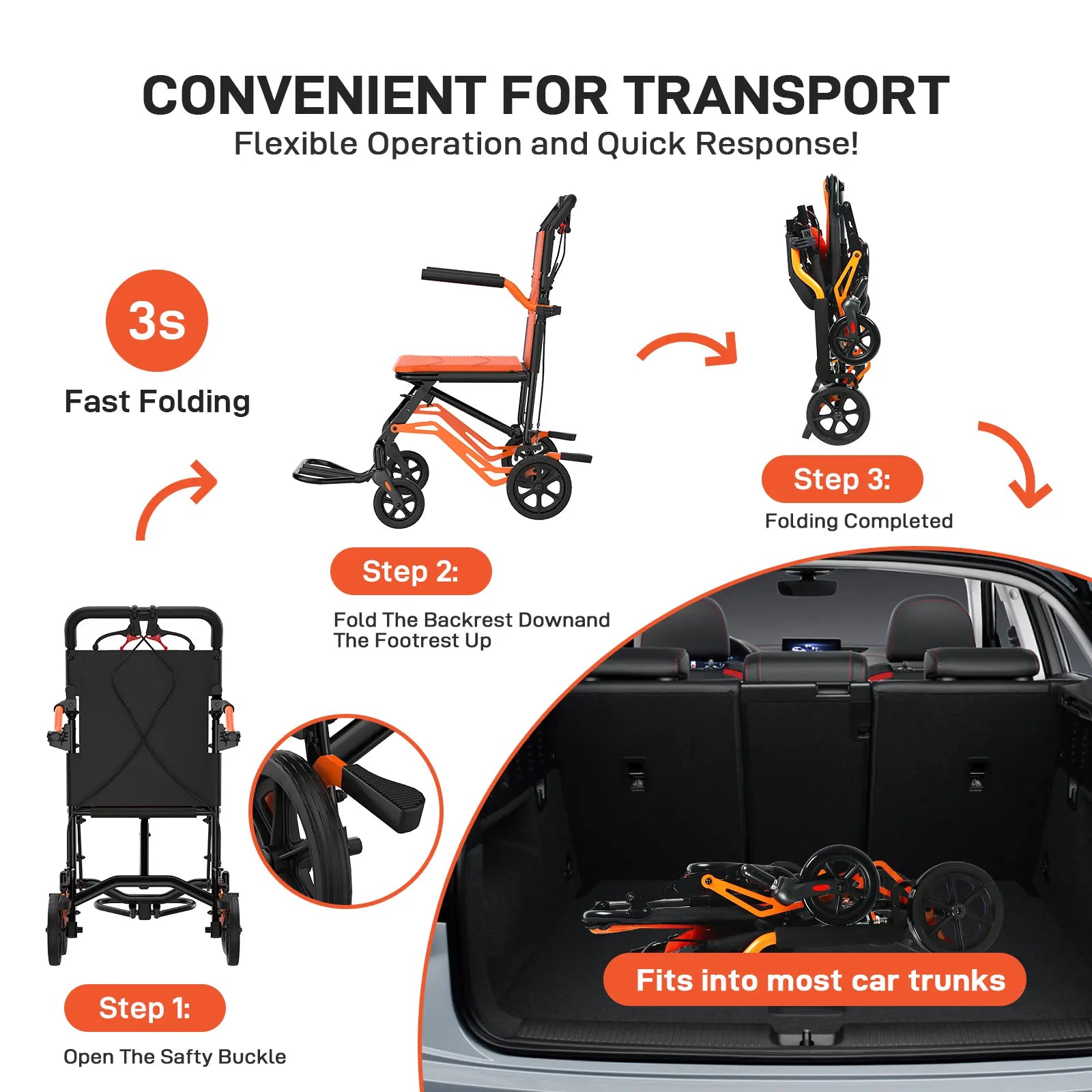 Lightweight Folding Transport Wheelchair for Adults & Seniors – 18 Lbs Aluminum Frame – Removable Turn over Armrests – Swing-Away Footrests – Locking Handbrake – 220 Lbs Capacity – Easy Fold & Carry – Ideal for Travel & Indoors