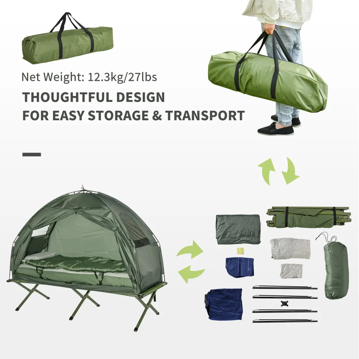Outsunny Multifunctional Folding Camping Cots for Adults, Elevated Tent with Sleeping Bag, Thick Air Mattress Pad, Portable Single Sleeping Cot Camping Bed On-Site