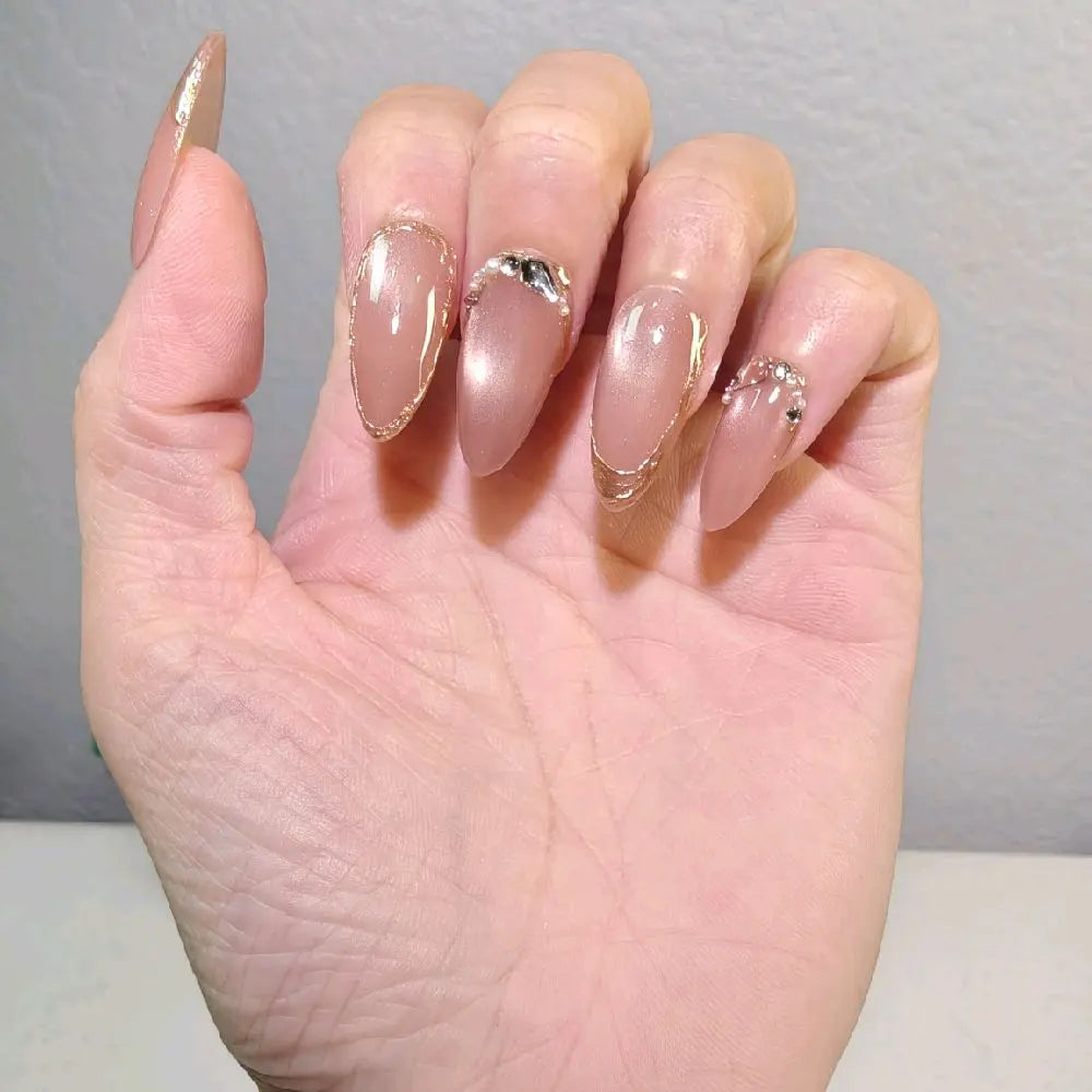 Handmade Nude Pink Cat Eye Press on Nails with Gold Foil & Crystal Accents, Medium Almond Reusable Fake Nails for Luxury Minimalist Elegant Wear