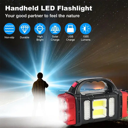 Portable Bright Solar Camping Flashlight - LED Torch with Power Bank, Long-Lasting Battery for Hiking, Outdoor Adventures Multifunctional Searchlight