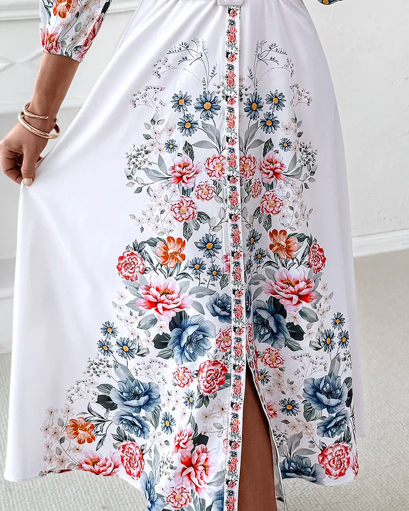 Chicme Women'S Floral Print V Neck Three Quarters Tied Detail Blouse Dress Casual a Line Slim Fit Maxi Dress/Summer Dress for Wedding Guest