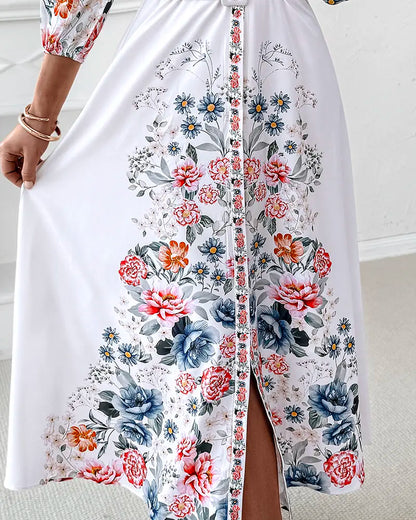 Chicme Women'S Floral Print V Neck Three Quarters Tied Detail Blouse Dress Casual a Line Slim Fit Maxi Dress/Summer Dress for Wedding Guest