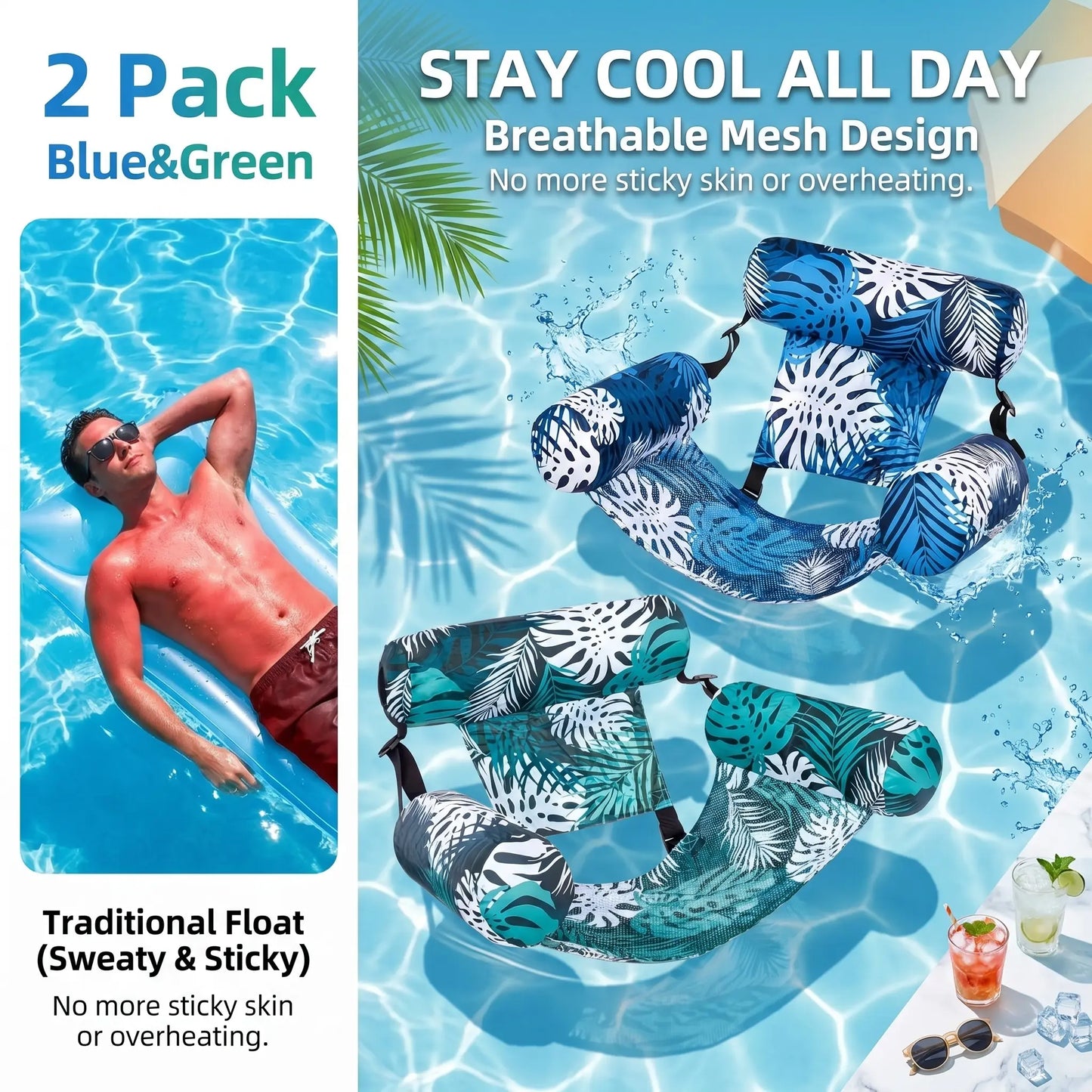 Inflatable Adult Hammock Lounger 2-Pack with Backrest, Water Pool Float Chair for Summer Fun at Pools Lakes Beaches or Outdoor Relaxation Portable Easy to Store
