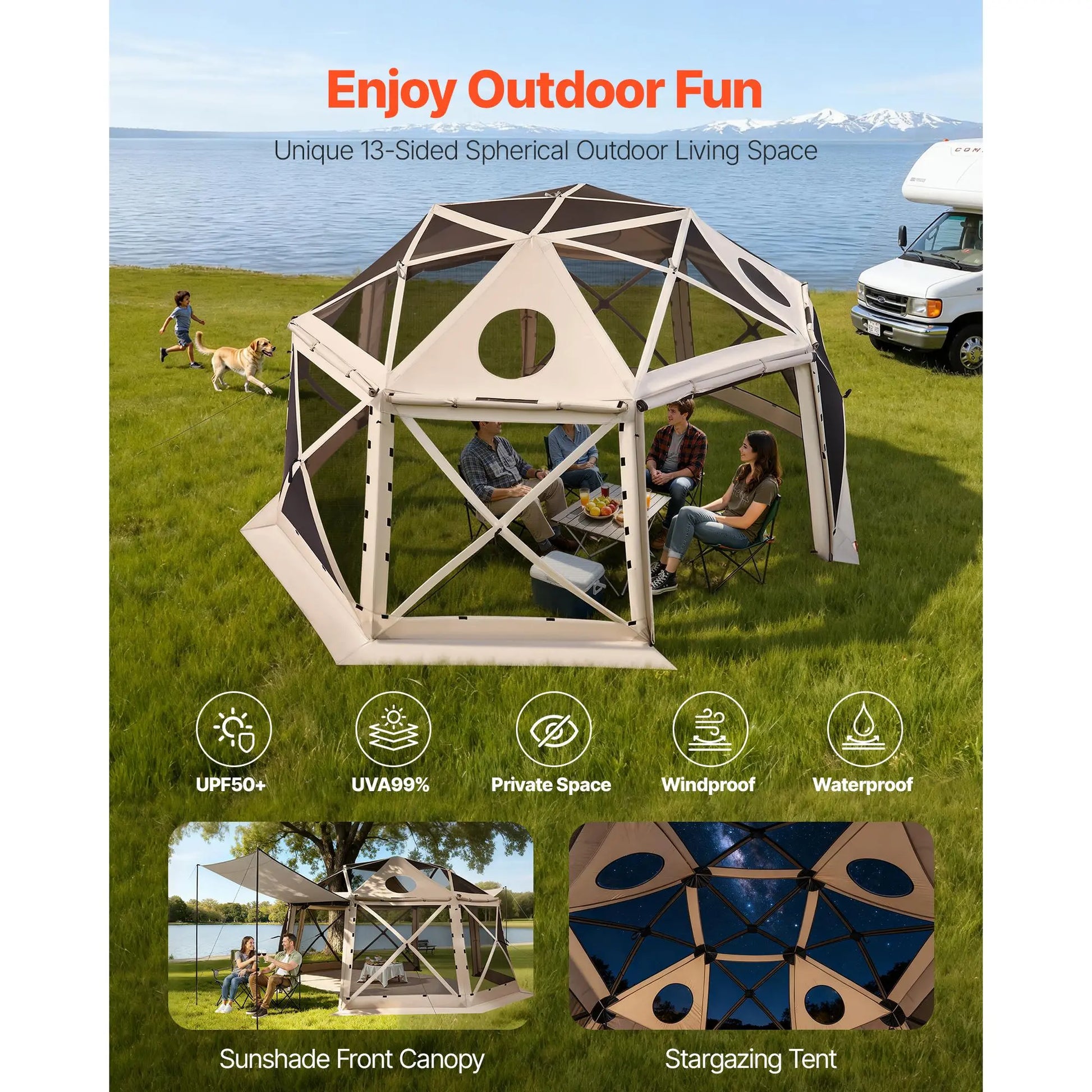 【Fathersdaygift】Vevor Pop up Gazebo Screen Tent, 15 X 15 Ft, 13-Sided Spherical Camping Canopy Tent with Removable Top & Carry Bag, Quick-Set & Bite-Proof, Screen House Sun Shelter for 12-15 Persons, Beige