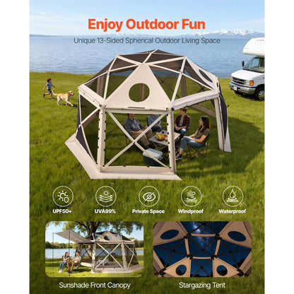 【Fathersdaygift】Vevor Pop up Gazebo Screen Tent, 15 X 15 Ft, 13-Sided Spherical Camping Canopy Tent with Removable Top & Carry Bag, Quick-Set & Bite-Proof, Screen House Sun Shelter for 12-15 Persons, Beige