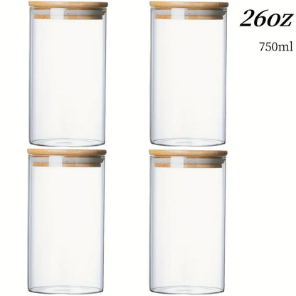 Glass Storage Jar with Wooden Lid, 1/2/3/4 Counts Clear Container, Food Storage Box for Spice, Tea, Coffee, Spice, Candy, Cookie, Glass Kitchen Canisters, Home Organization Containers