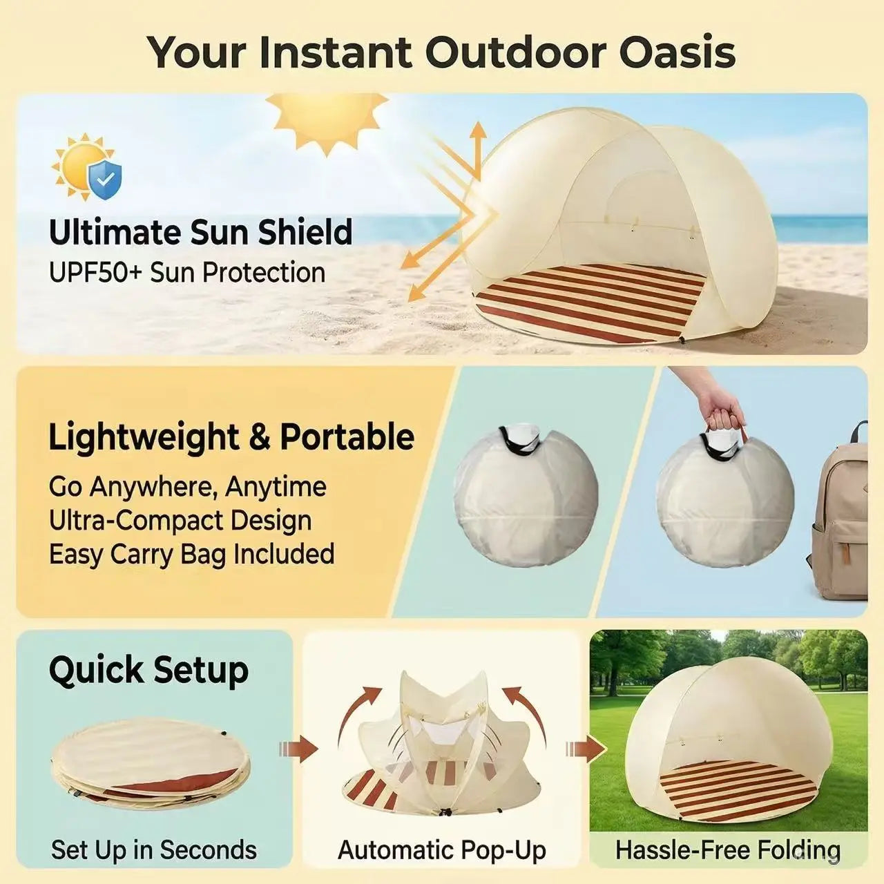 Compact Portable Beach Tent Sun Shelter – Small Lightweight Pop up Tent – Uv-Resistant Instant Setup for Camping, Backyard, Beach Picnics & Outdoor Travel – Essential Sun Shade Canopy