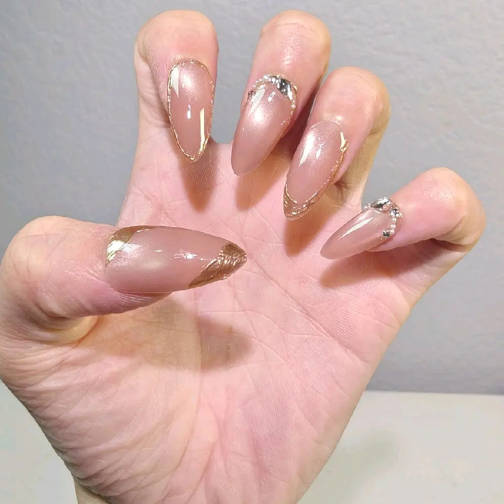 Handmade Nude Pink Cat Eye Press on Nails with Gold Foil & Crystal Accents, Medium Almond Reusable Fake Nails for Luxury Minimalist Elegant Wear