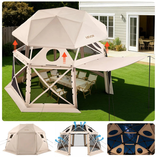 【Fathersdaygift】Vevor Pop up Gazebo Screen Tent, 15 X 15 Ft, 13-Sided Spherical Camping Canopy Tent with Removable Top & Carry Bag, Quick-Set & Bite-Proof, Screen House Sun Shelter for 12-15 Persons, Beige