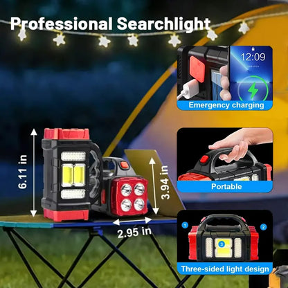 Portable Bright Solar Camping Flashlight - LED Torch with Power Bank, Long-Lasting Battery for Hiking, Outdoor Adventures Multifunctional Searchlight