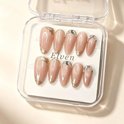 Handmade Nude Pink Cat Eye Press on Nails with Gold Foil & Crystal Accents, Medium Almond Reusable Fake Nails for Luxury Minimalist Elegant Wear