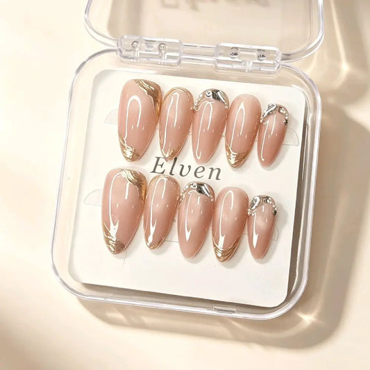 Handmade Nude Pink Cat Eye Press on Nails with Gold Foil & Crystal Accents, Medium Almond Reusable Fake Nails for Luxury Minimalist Elegant Wear