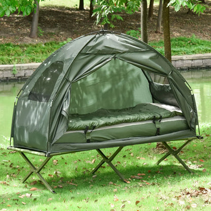 Outsunny Multifunctional Folding Camping Cots for Adults, Elevated Tent with Sleeping Bag, Thick Air Mattress Pad, Portable Single Sleeping Cot Camping Bed On-Site