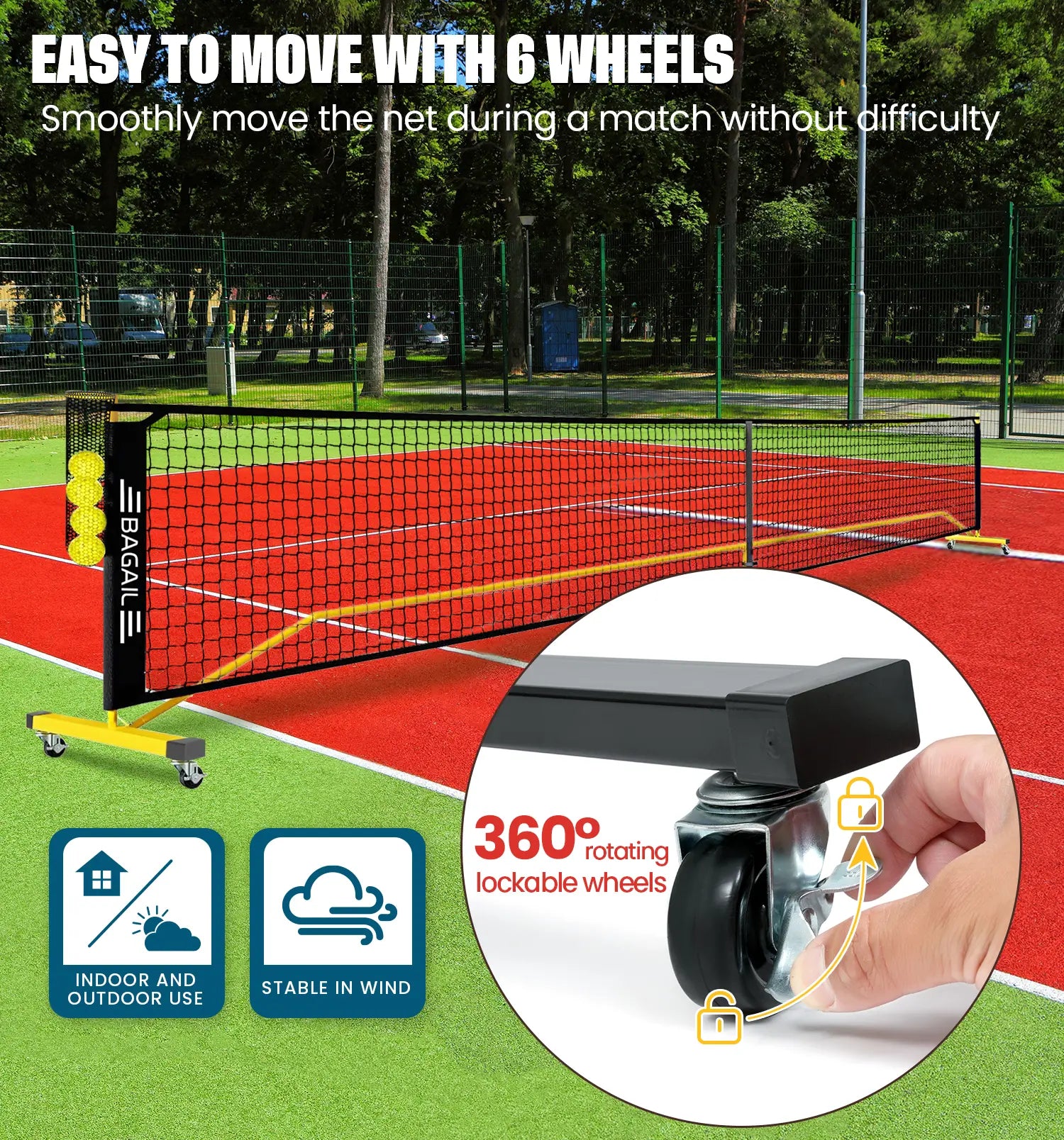 【Summervibes】Bagail Portable Pickleball Net Set with Wheels, 22 FT Regulation Size & 11 FT Half Court Size 2-In-1 Pickle Ball Net with Ball Collector, Carry Bag, 4 Pickle Balls, Easy Setup for Outdoor Indoor Tennis Men Game Racket Protector Outdoorfu